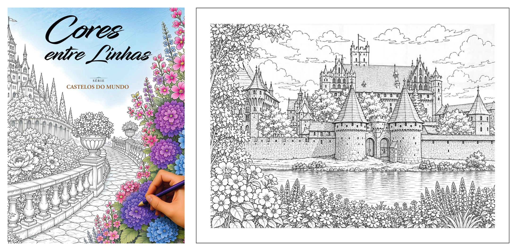 Capa e desenho interno do livro Cores entre Linhas: Castelos do Mundo