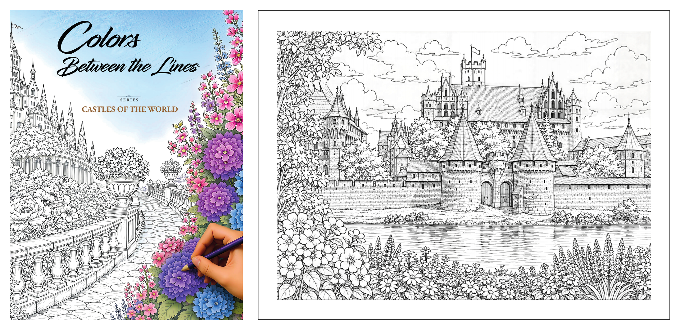 Cover and interior drawing of Colors Between the Lines: Castles of the World