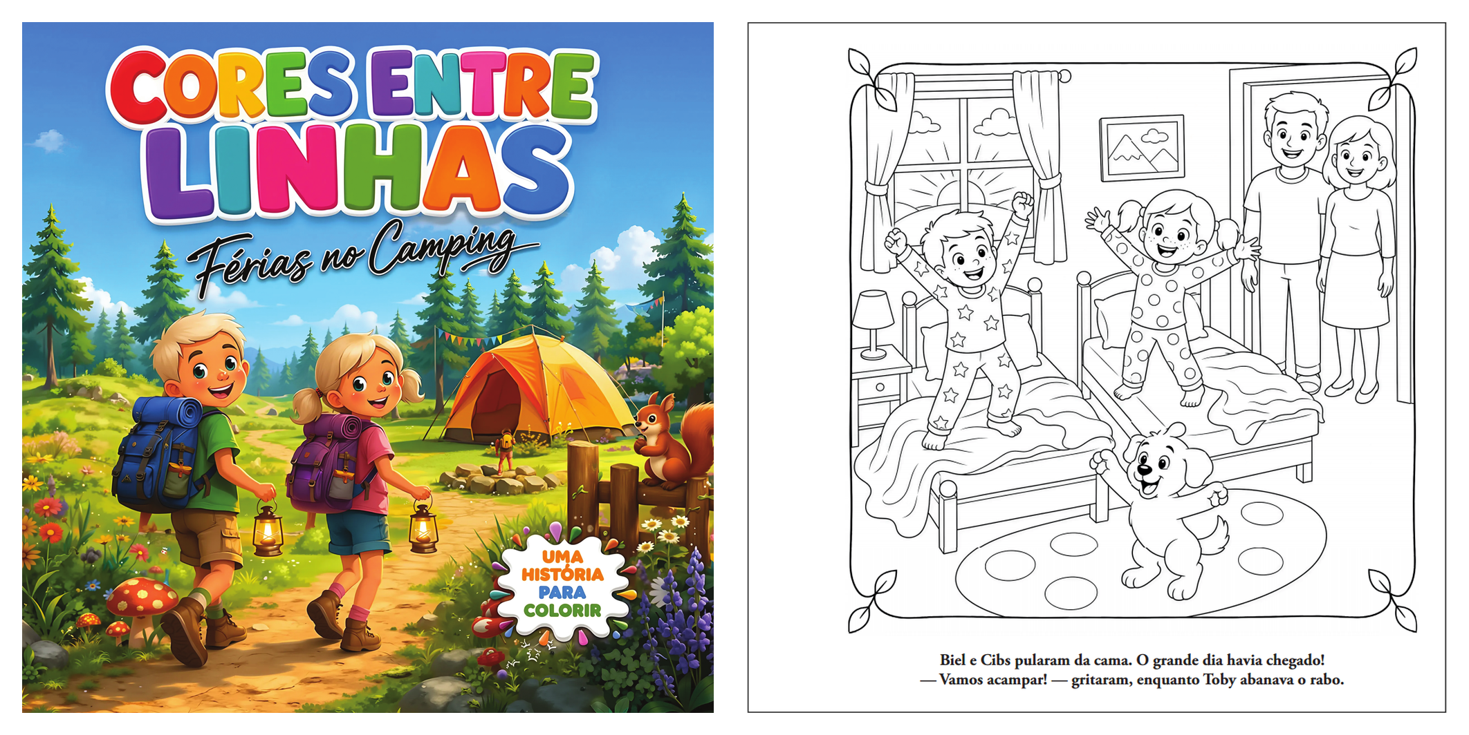 Capa e página interna do livro Cores entre Linhas: Férias no Camping